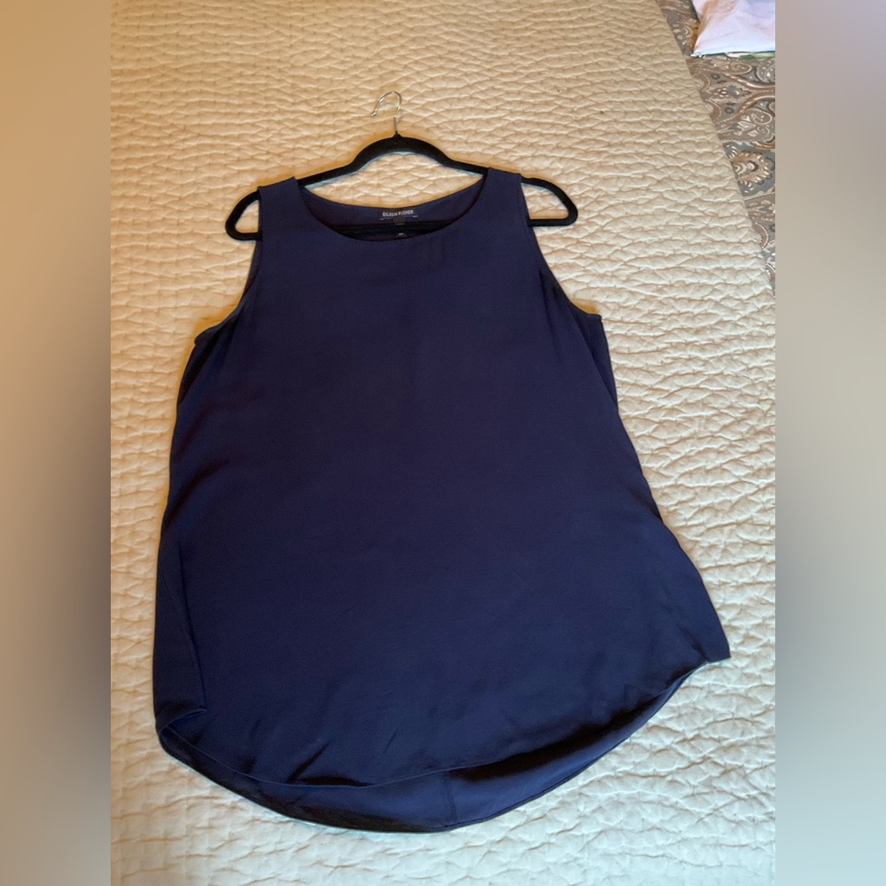 Eileen Fisher Navy Blue Silk Georgette Crepe Shirttail Tank Small